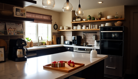 Elegant kitchen with essential espresso accessories displayed on a marble island and shelves