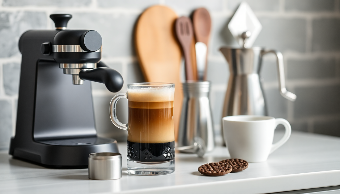Budget espresso accessories for beginners displayed with an espresso machine, glass, and cookies