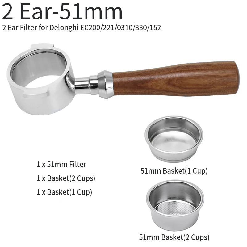 51mm bottomless portafilter Delonghi with wooden handle and three stainless steel baskets for coffee brewing