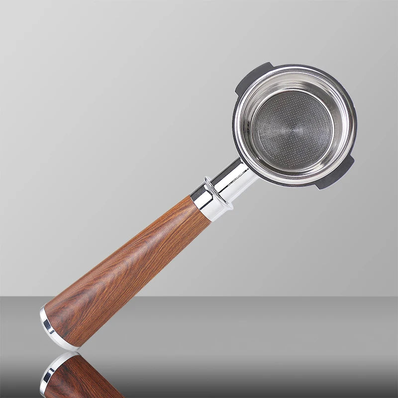58mm bottomless portafilter E61 with elegant wooden handle for espresso enthusiasts