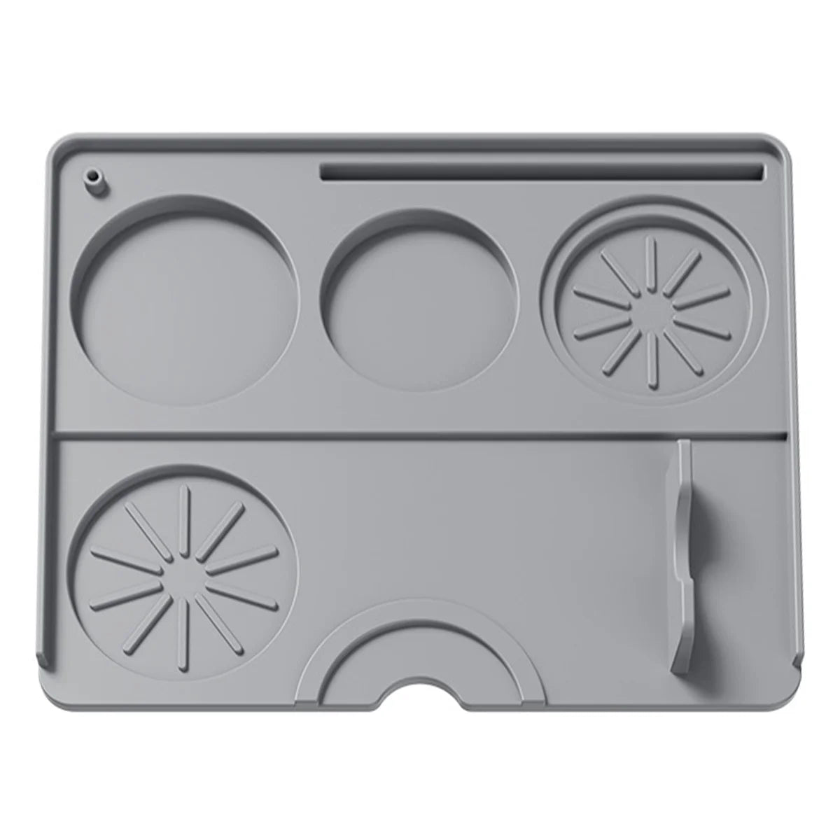 Gray espresso tamping mat with three circular depressions for secure placement of portafilters and tools