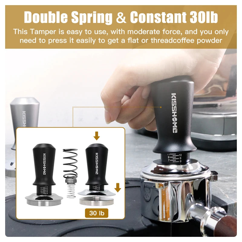 My Store double spring coffee tamper with a stainless steel flat base and ergonomic handle for easy use