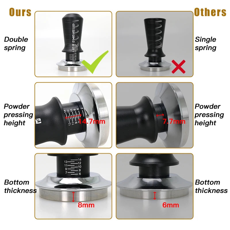 Double spring coffee tamper comparison showing height and thickness features for optimal espresso extraction