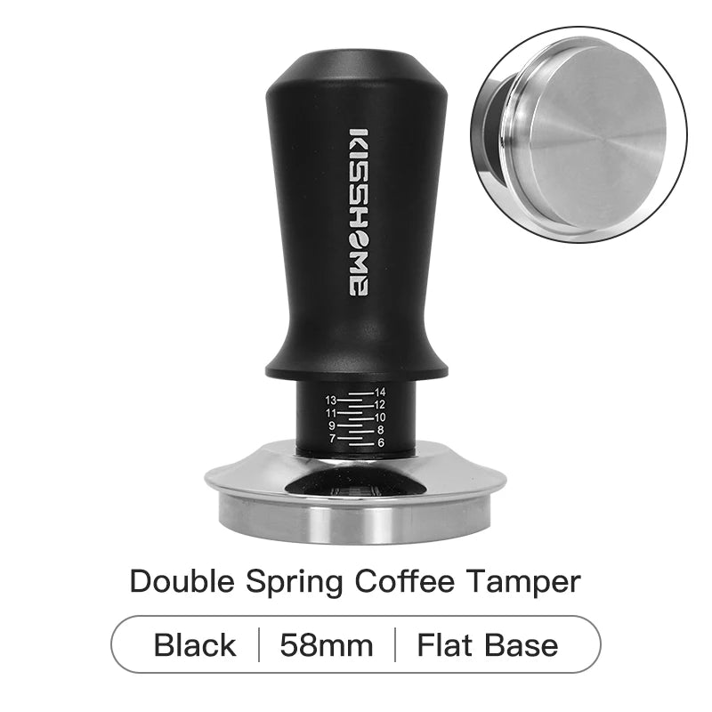 Black double spring coffee tamper with a flat base and 58mm size for espresso preparation