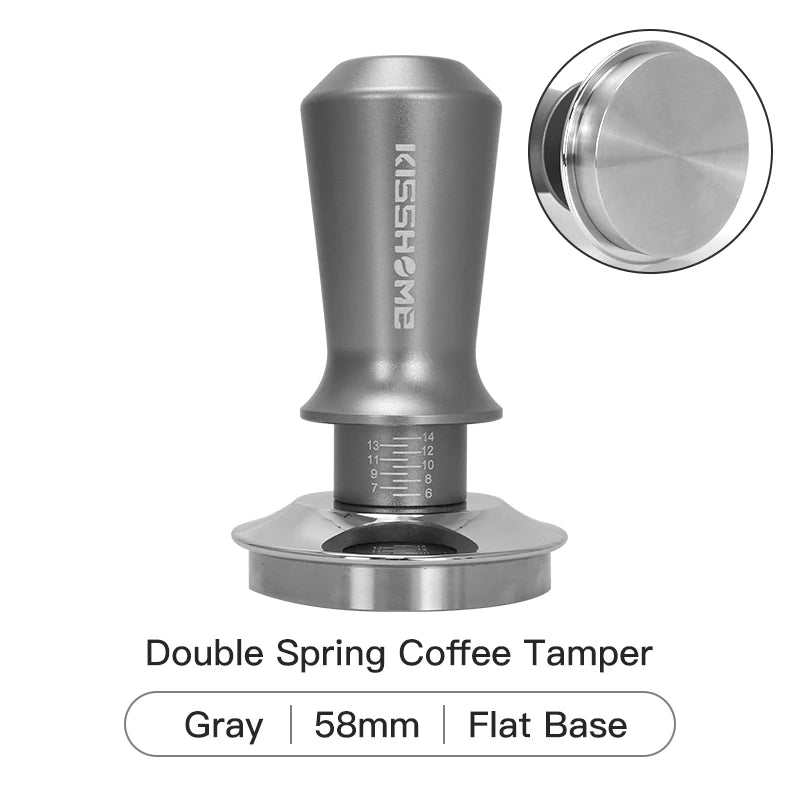 Gray double spring coffee tamper with a flat base and 58mm size for perfect espresso tamping