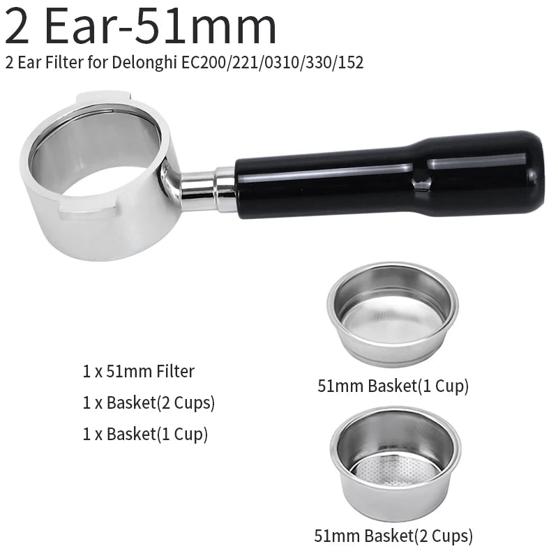 UK Espresso 51mm bottomless portafilter Delonghi with two stainless steel baskets for 1 and 2 cups