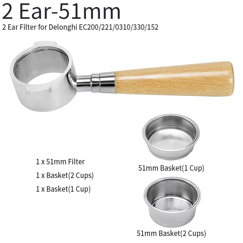 51mm bottomless portafilter Delonghi with wooden handle and 1 and 2 cup stainless steel baskets