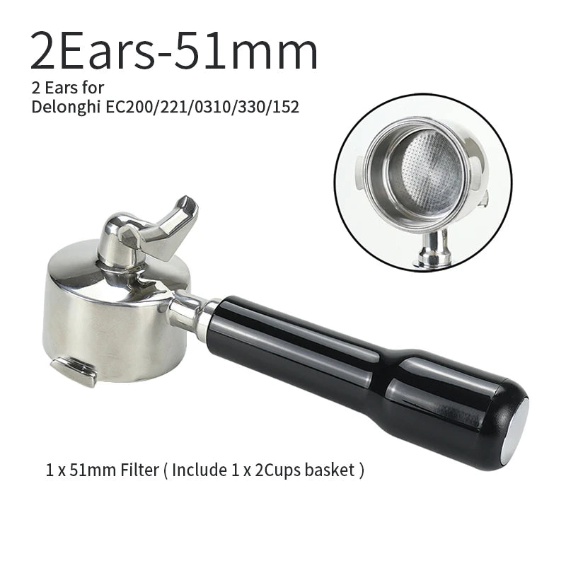 UK Espresso 51mm bottomless portafilter Delonghi with black handle and metal filter basket
