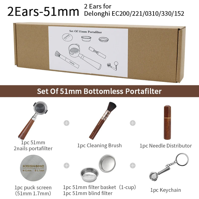 UK Espresso 51mm bottomless portafilter Delonghi set with cleaning brush needle distributor and keychain