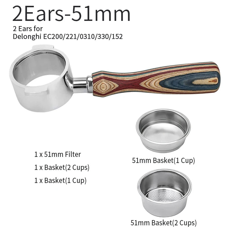 UK Espresso 51mm bottomless portafilter Delonghi with wooden handle and two stainless steel baskets for 1 and 2 cups