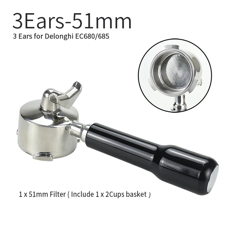UK Espresso 51mm bottomless portafilter Delonghi with 3 ears and black handle compatible with EC680 and EC685