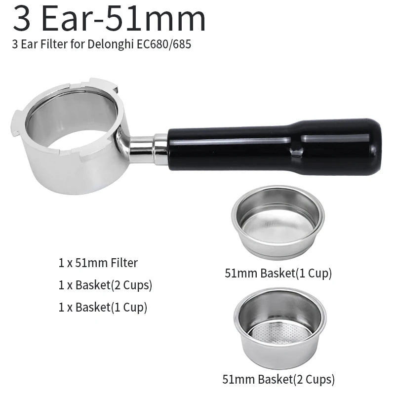 51mm bottomless portafilter Delonghi with three ear filter and three stainless steel baskets for espresso