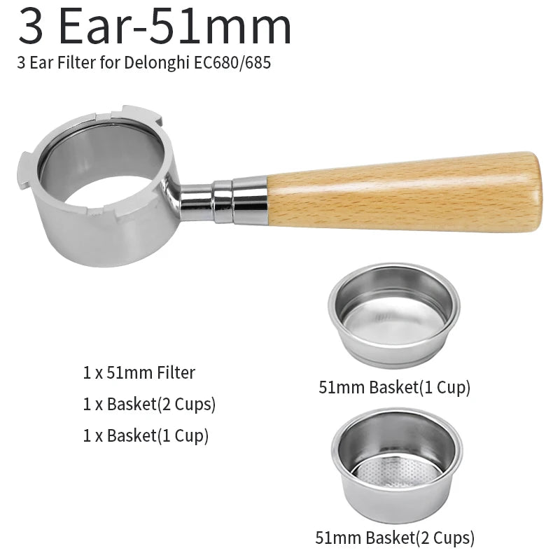 51mm bottomless portafilter Delonghi with wooden handle and three ear filter basket set for Delonghi EC680 685