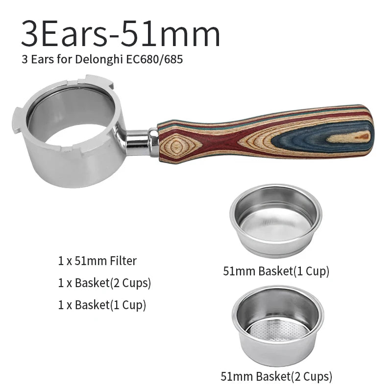 UK Espresso 51mm bottomless portafilter Delonghi with wooden handle and three stainless steel baskets for one and two cups