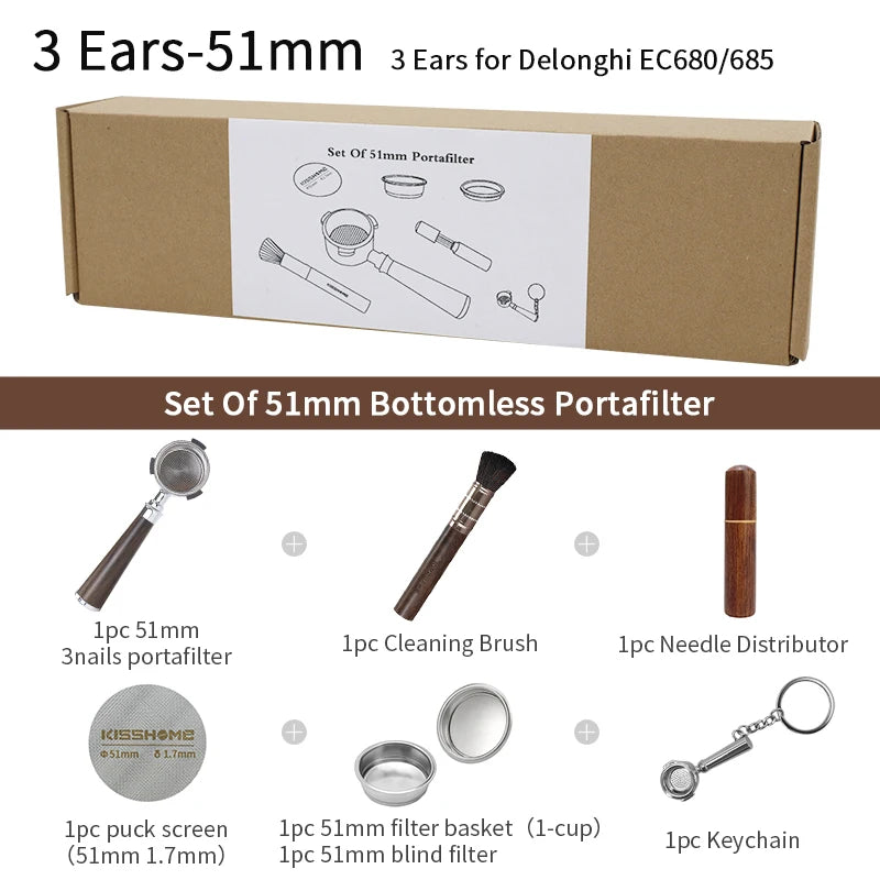UK Espresso 51mm bottomless portafilter Delonghi set with cleaning brush needle distributor puck screen filter basket and keychain
