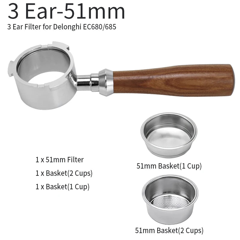 UK Espresso 51mm bottomless portafilter Delonghi with wooden handle and three baskets for 1 and 2 cup espresso