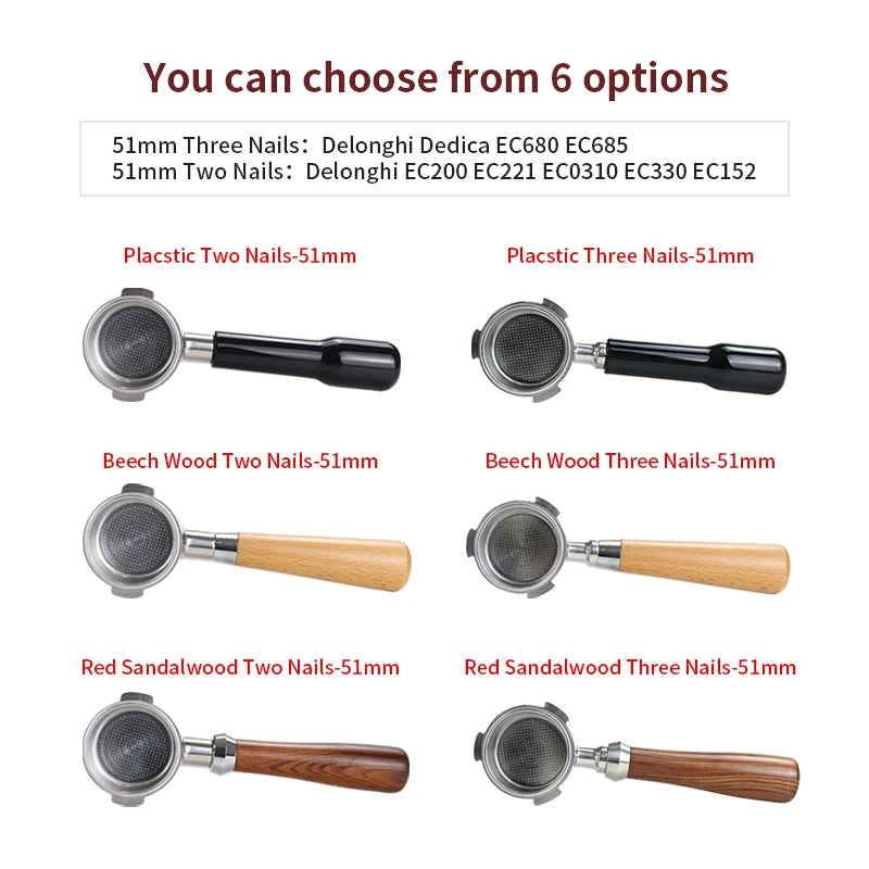 UK Espresso 51mm bottomless portafilter Delonghi with plastic, beech wood, and red sandalwood handles in two or three nails options