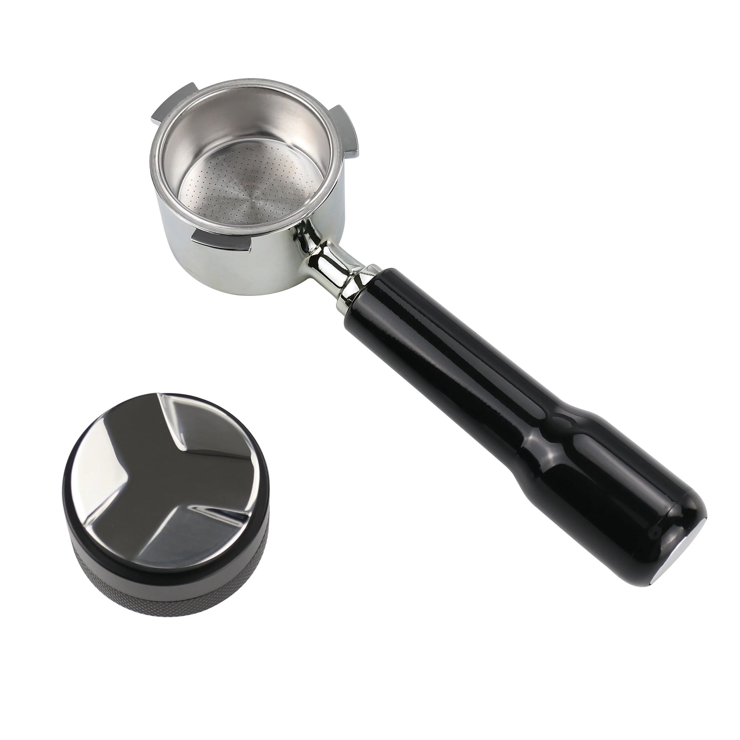 51mm bottomless portafilter Delonghi with black handle and separate tamper by UK Espresso