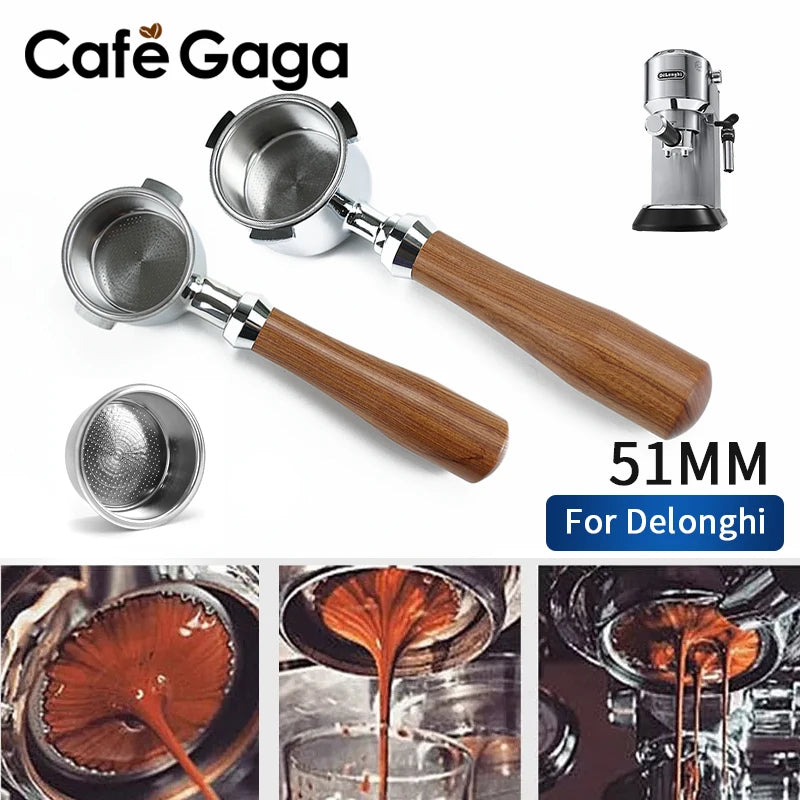 51mm bottomless portafilter Delonghi with wooden handle by UK Espresso for espresso machines