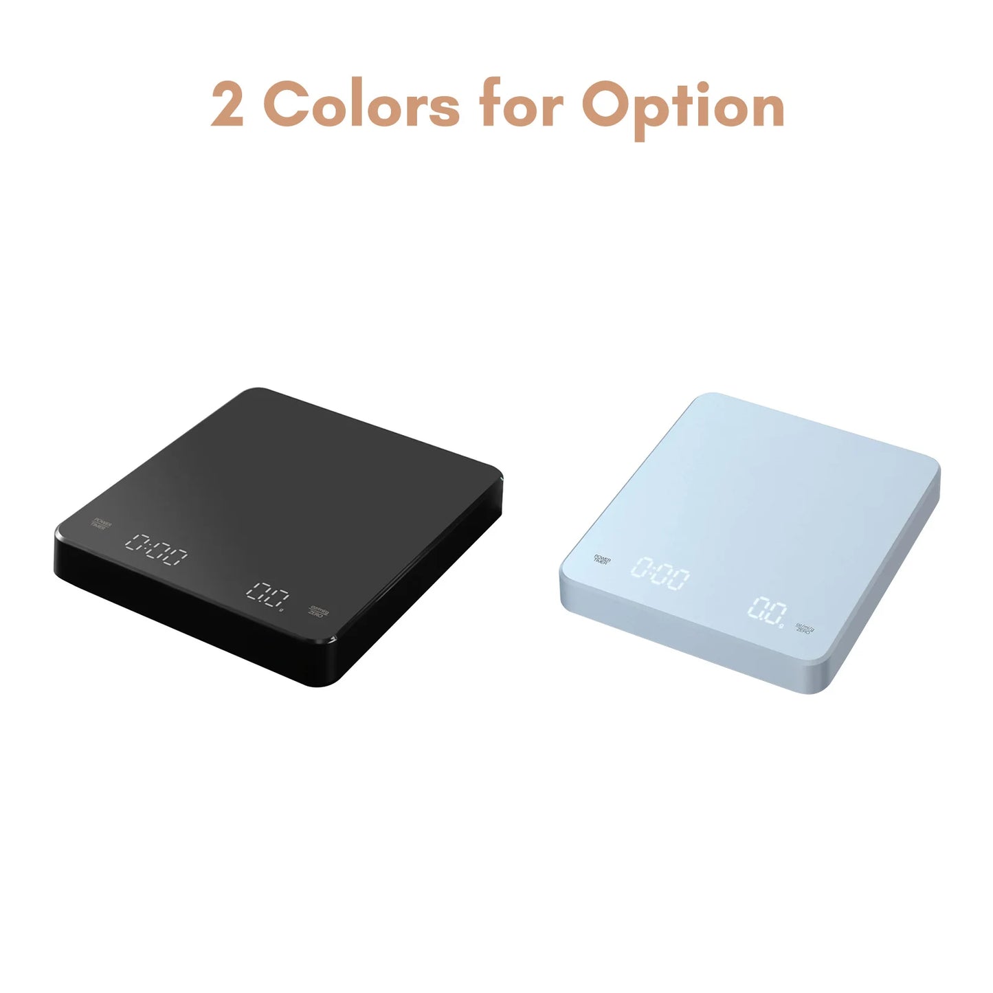 Digital coffee scale with timer available in black and white colors for precise brewing measurements
