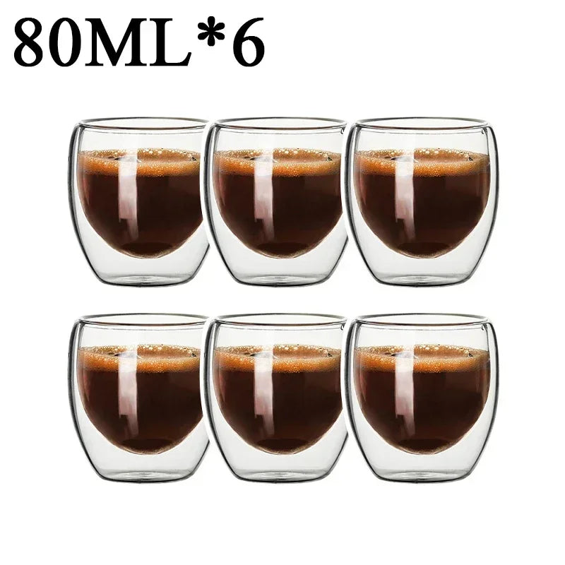 Set of six 80ml double wall glass coffee mugs filled with espresso from UK Espresso