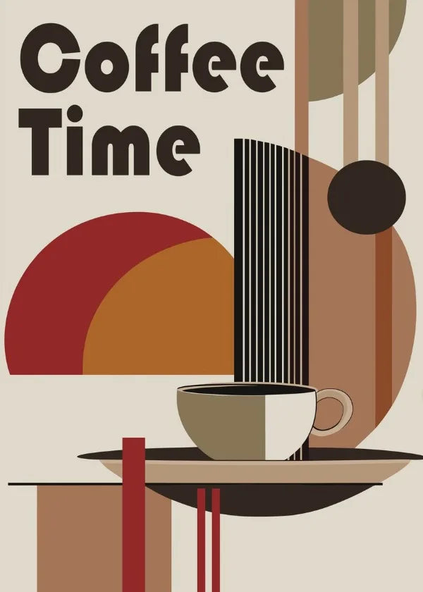 Retro coffee art prints featuring a minimalist design with a coffee cup and abstract shapes