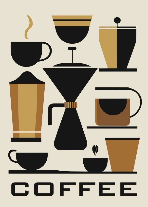 Set of retro coffee art prints showcasing various coffee brewing equipment and cups