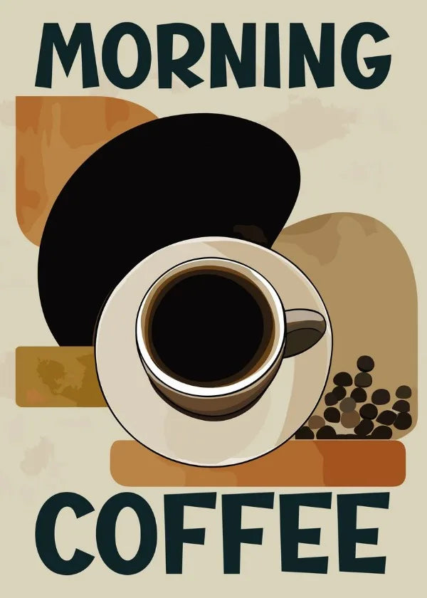 Stylish retro coffee art prints featuring a cup of coffee and coffee beans, perfect for kitchen decor