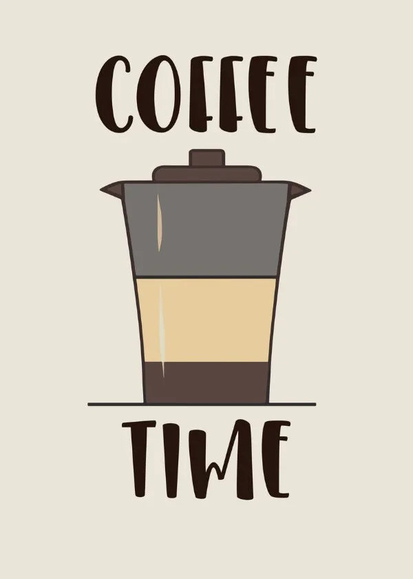 Retro coffee art prints featuring a stylish coffee pot and playful 'Coffee Time' text
