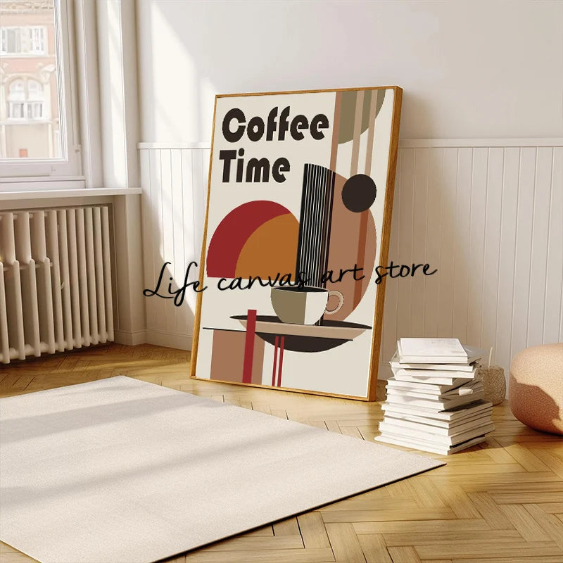 Retro coffee art prints featuring a modern design with coffee cup and abstract shapes