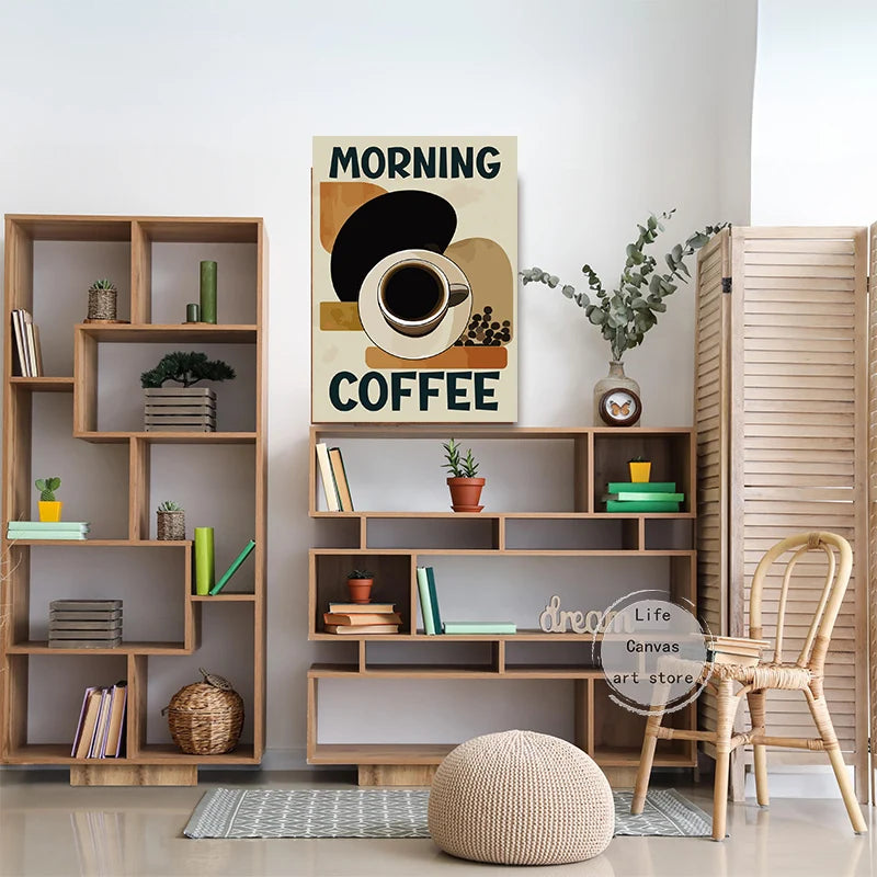 Retro coffee art prints displayed on a modern shelf in a cozy living room decor