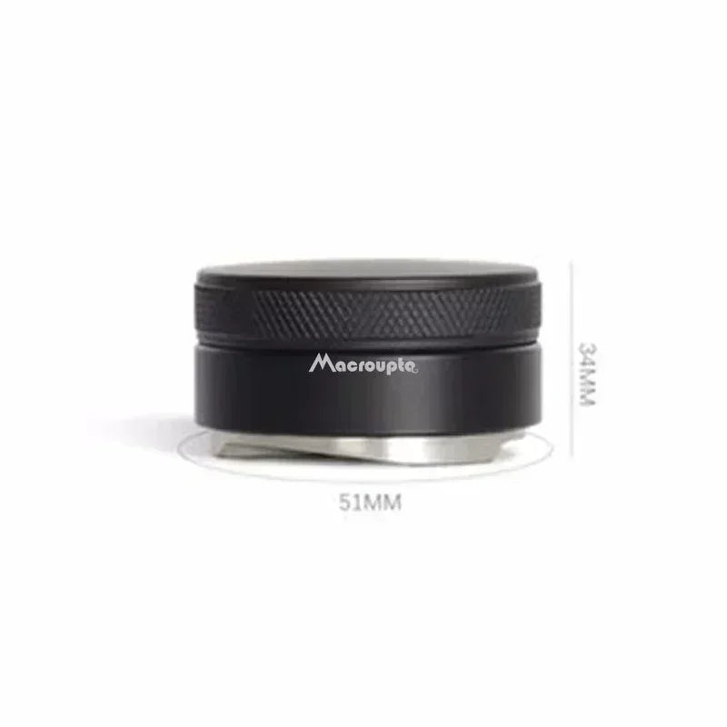 Adjustable espresso distributor with a 51mm diameter and 34mm height for even coffee tamping