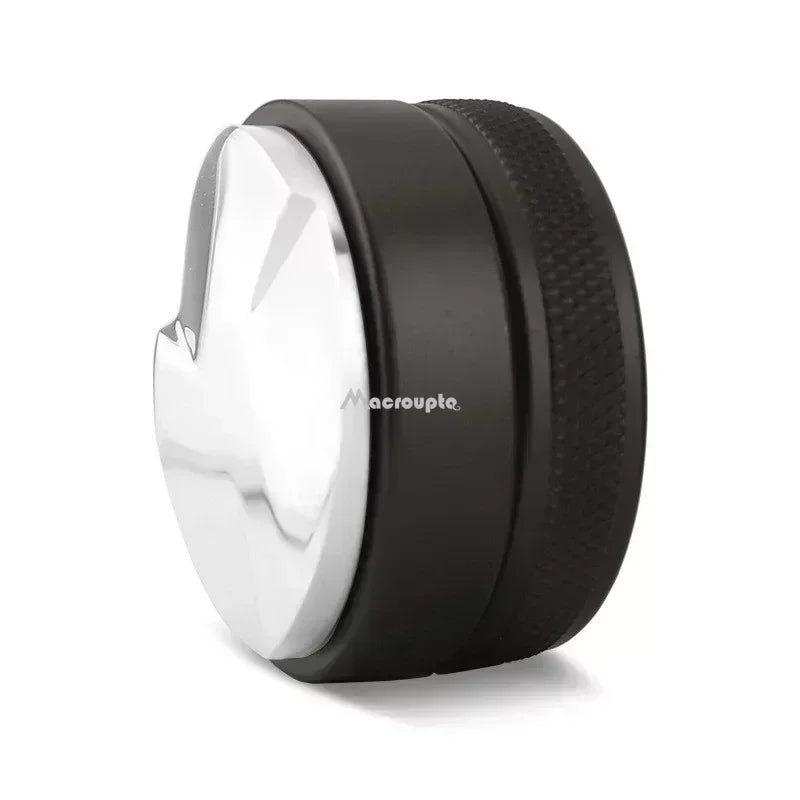 Adjustable espresso distributor with a sleek black and chrome design for consistent coffee tamping