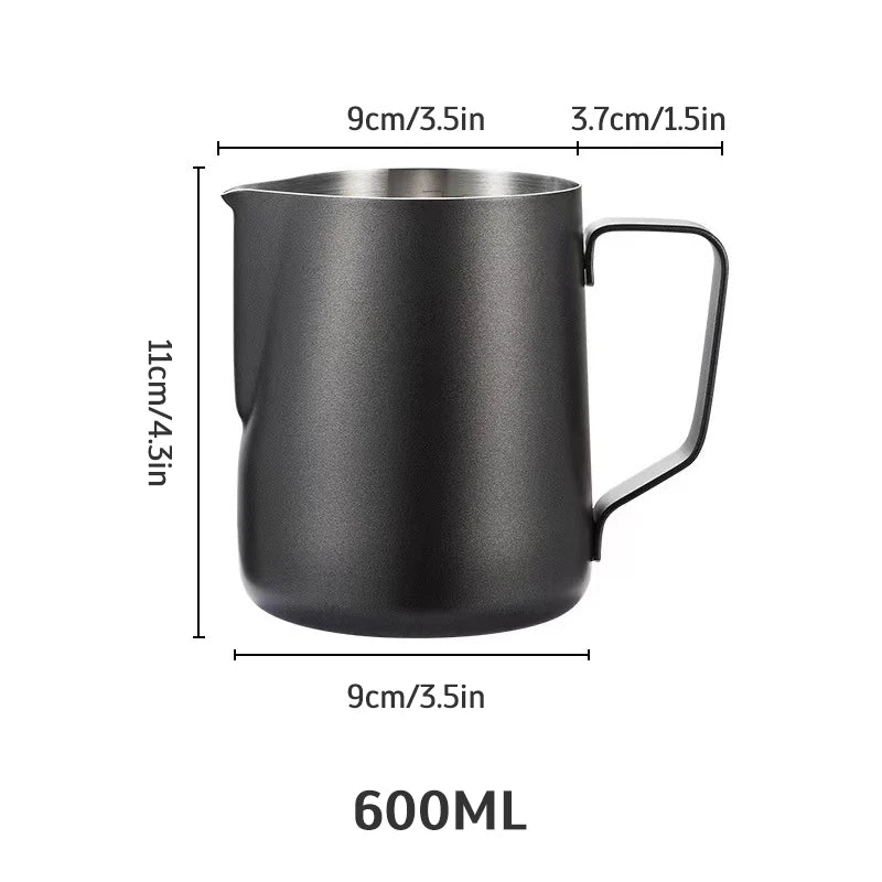 UK Espresso professional barista milk pitcher in black with precise measurement markings, 600ml capacity