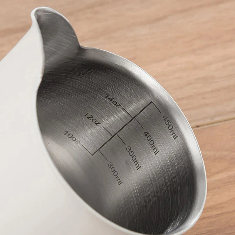 UK Espresso professional barista milk pitcher with clear measurement markings for accurate pouring