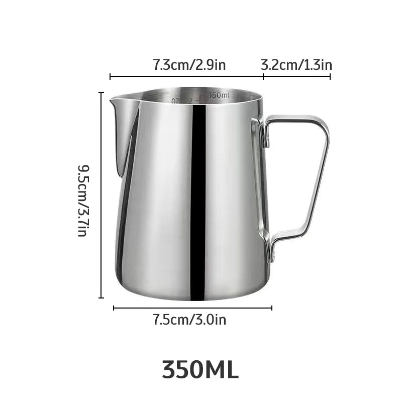 350ml stainless steel professional barista milk pitcher with precise measurements and sturdy handle
