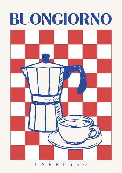 Buongiorno retro espresso wall art featuring a moka pot and coffee cup with a checkered background