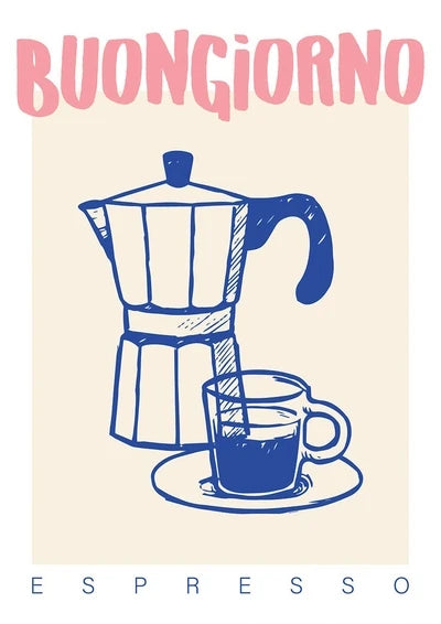 Retro espresso wall art featuring a moka pot and coffee cup with Buongiorno text