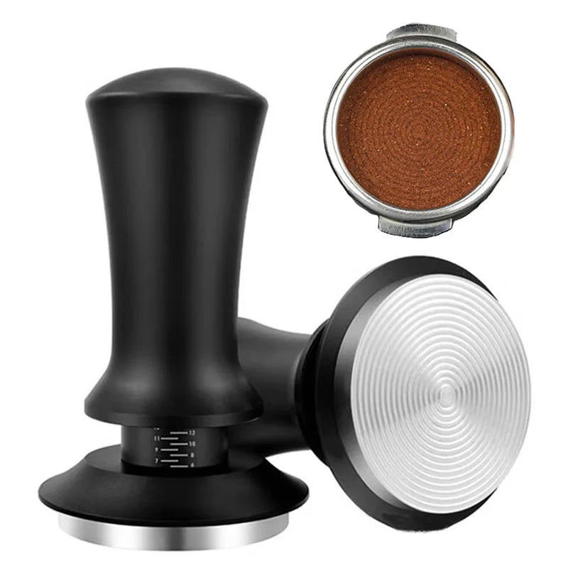 stainless steel espresso tamper 51mm 53mm 58mm with a black handle and textured base
