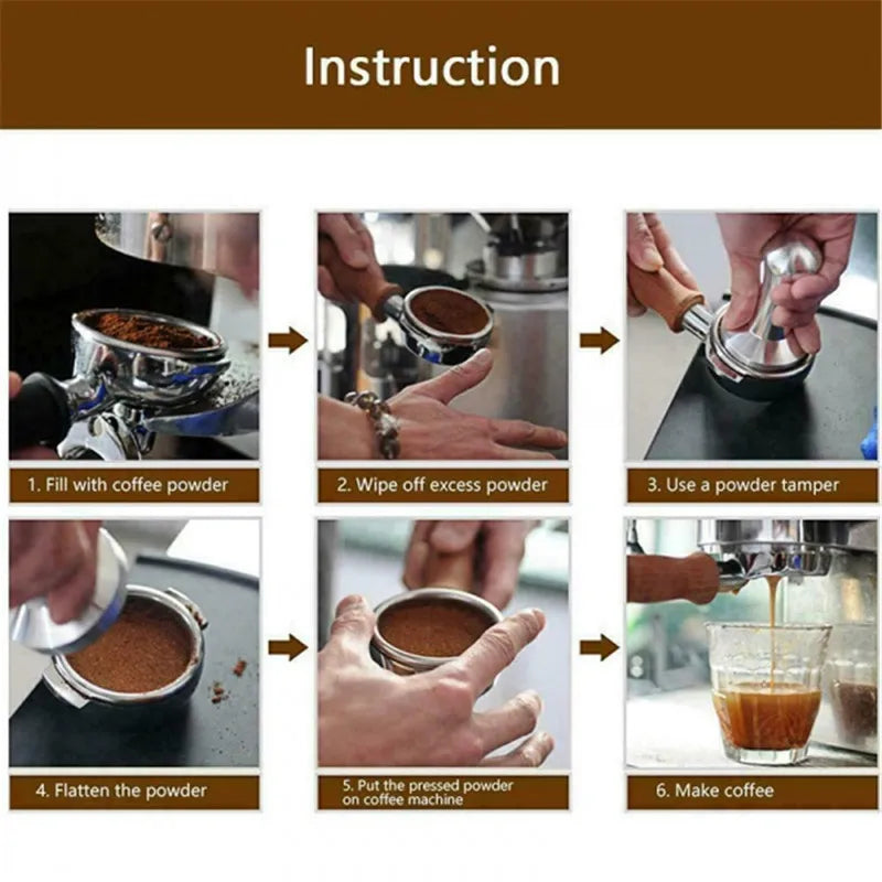 Step-by-step guide showing wooden handle espresso tamper usage for making coffee