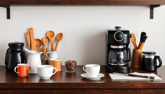 Stylish kitchen display of coffee tools and the best home espresso accessories on a wooden countertop