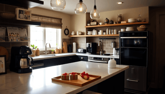 Elegant kitchen with essential espresso accessories displayed on a marble island and shelves