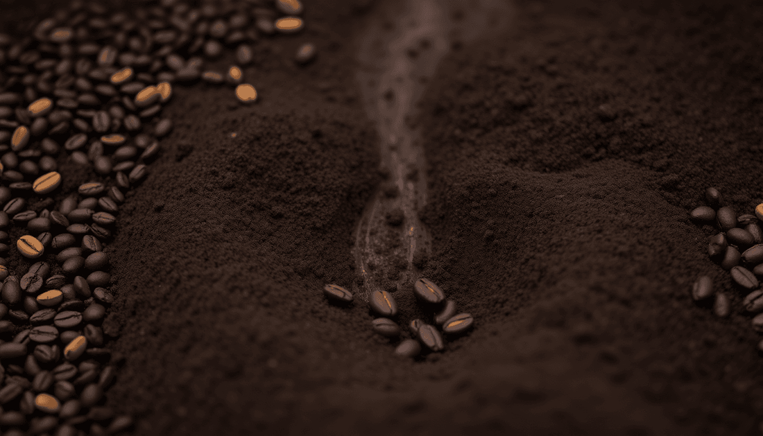 Close-up of coffee grounds showcasing the WDT coffee brewing technique with steam rising