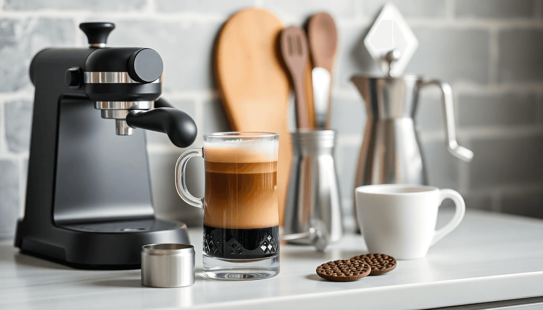 Budget espresso accessories for beginners displayed with an espresso machine, glass, and cookies