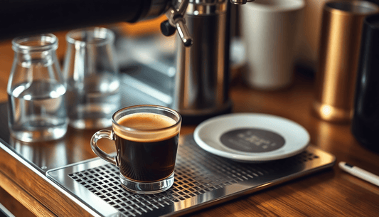 Espresso coffee served in a glass cup showcasing bottomless portafilter benefits in a cafe setting