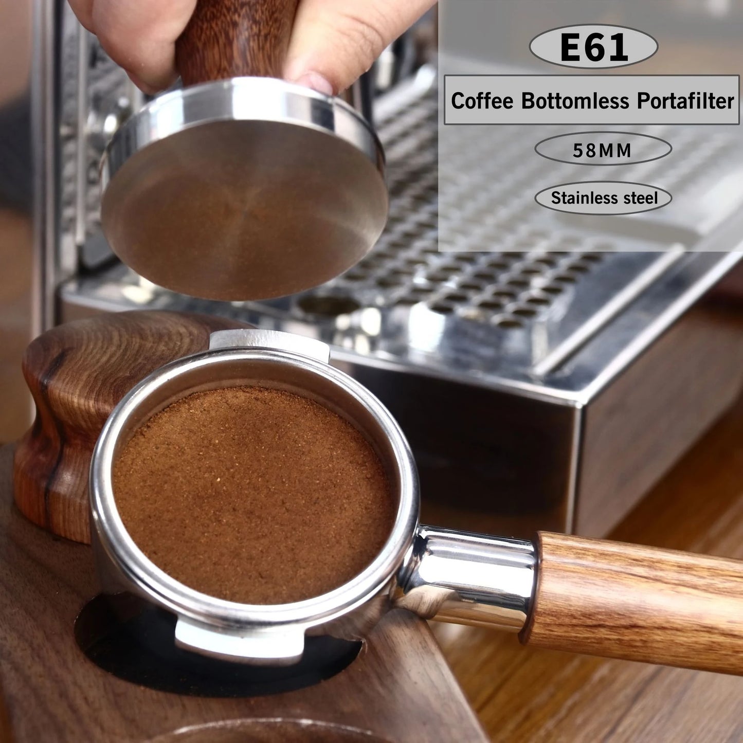 58mm bottomless portafilter E61 with a wooden handle and stainless steel body for espresso brewing