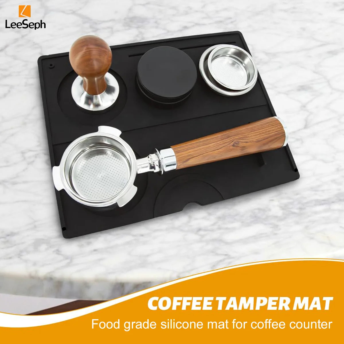 Espresso tamping mat made of food-grade silicone with a section for a portafilter and tamper