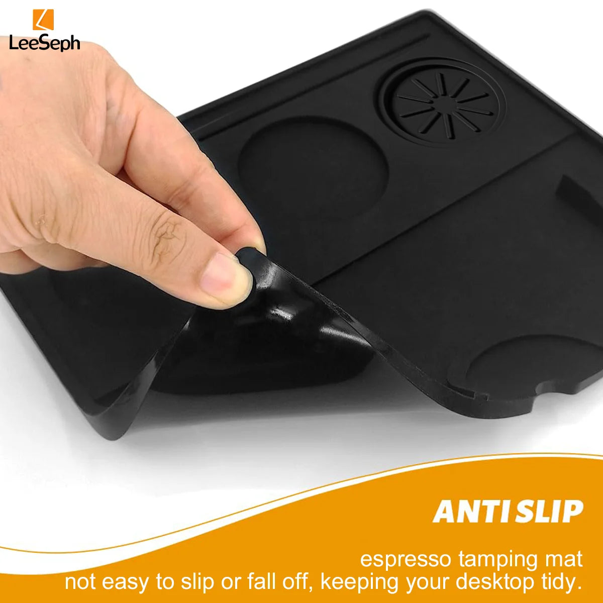Black espresso tamping mat with anti-slip design, perfect for 58mm portafilters and maintaining a tidy workspace