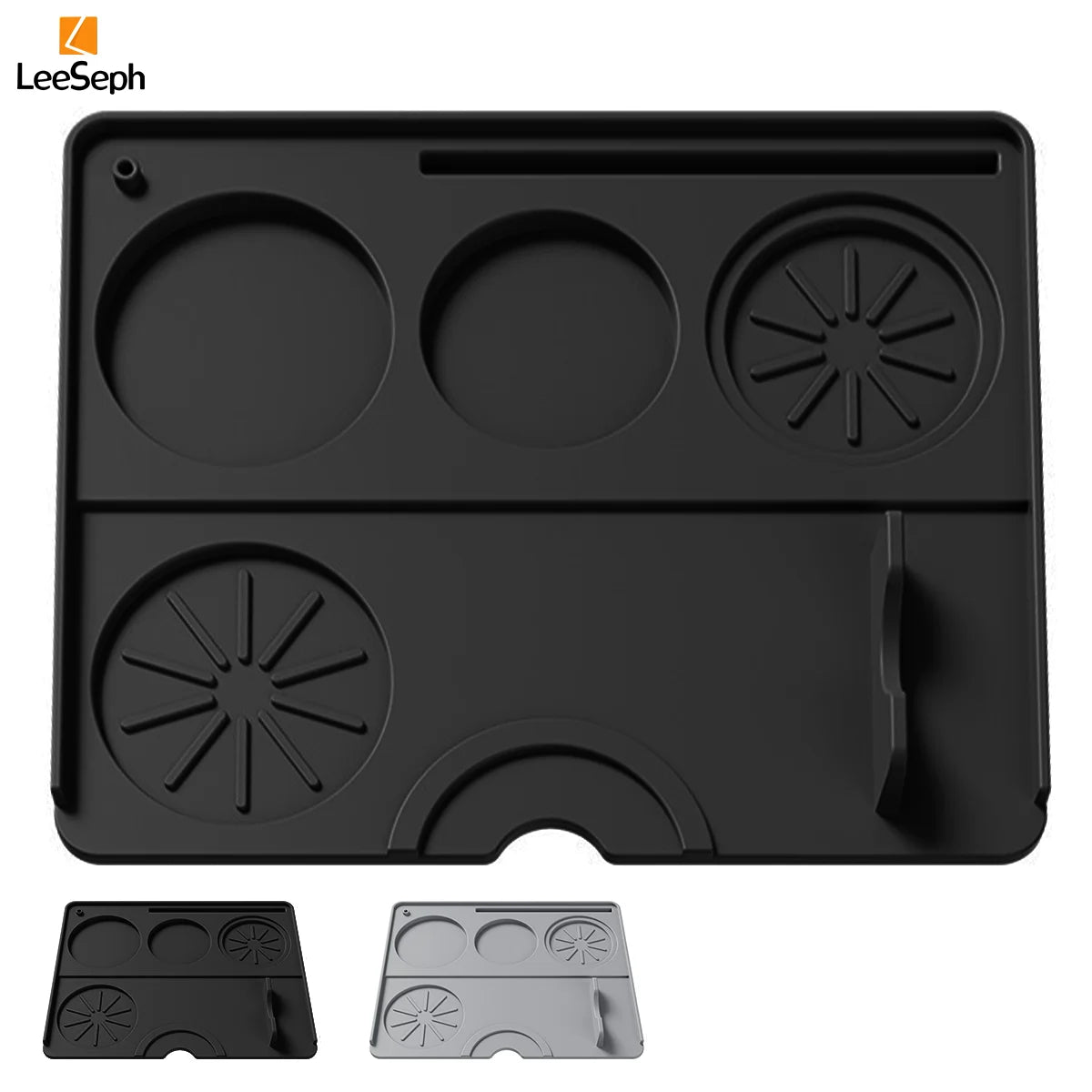 Black espresso tamping mat with compartments for tools and spouts, ideal for baristas and home brewing