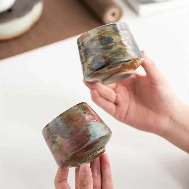Two hand crafted espresso cups in colorful ceramic, perfect for serving espresso drinks.